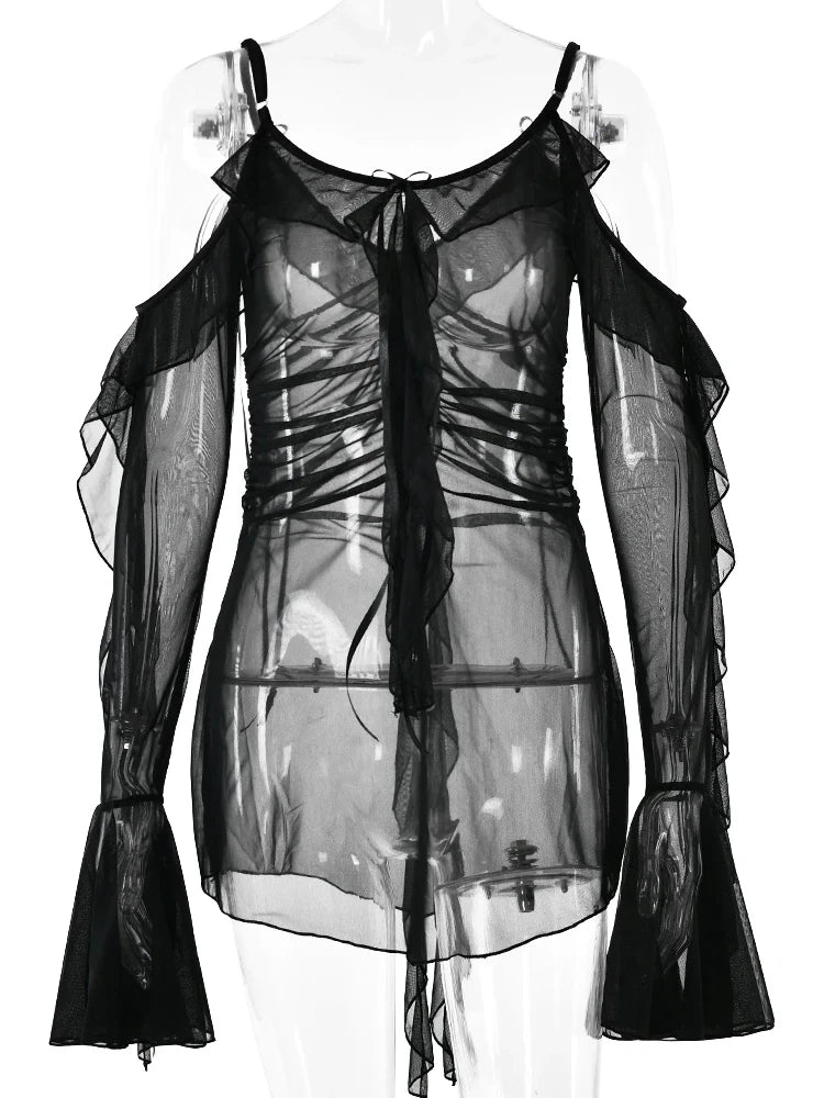 JULISSA MO Sexy See Through Mesh Women Dress Black Long Sleeve