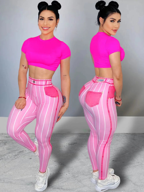 Women High Waist Sports Leggings Stripe Print Stretchable Yoga Pants