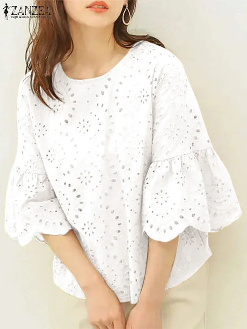 ZANZEA Fashion Summer 3/4 Sleeve Hollow Out Blouse Women Elegant Lace