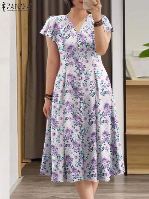 Elegant Floral Dress ZANZEA Women Summer Short Sleeve Party Sundress