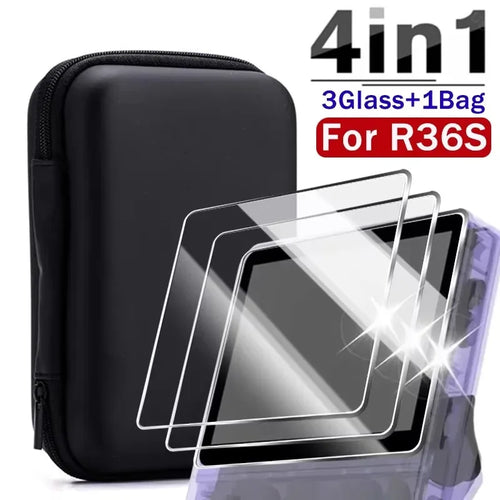 4 IN 1 Case+Glass for R36S Game Console Travel Carrying Storage Bag &