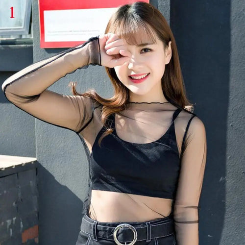 Spring Summer Women Sexy Black Mesh Tops Bottoming T Shirts