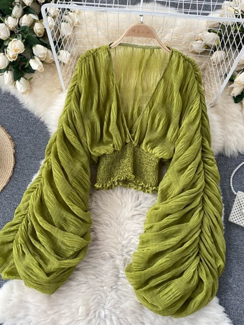 Summer Sexy Draped Chiffon Blouse For Women Elegant V-neck Puff Long