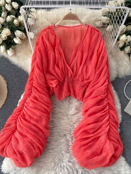 Summer Sexy Draped Chiffon Blouse For Women Elegant V-neck Puff Long
