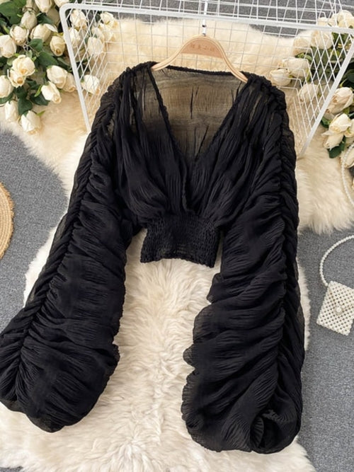 Summer Sexy Draped Chiffon Blouse For Women Elegant V-neck Puff Long