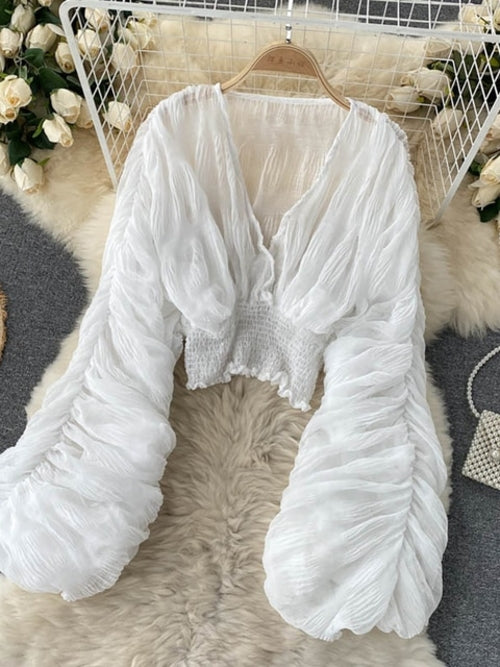 Summer Sexy Draped Chiffon Blouse For Women Elegant V-neck Puff Long