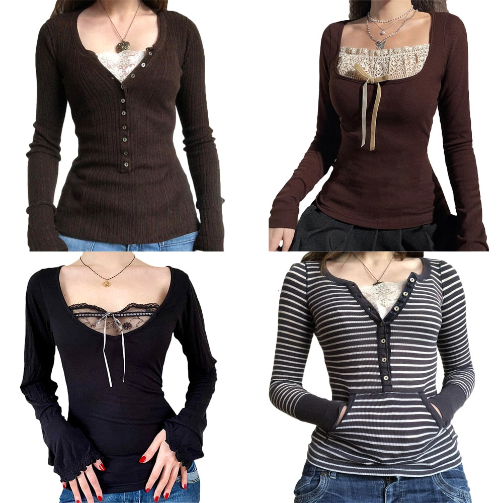 Vintage Lace Patchwork Cute Cotton Tshirts Women Fashion Button Slim