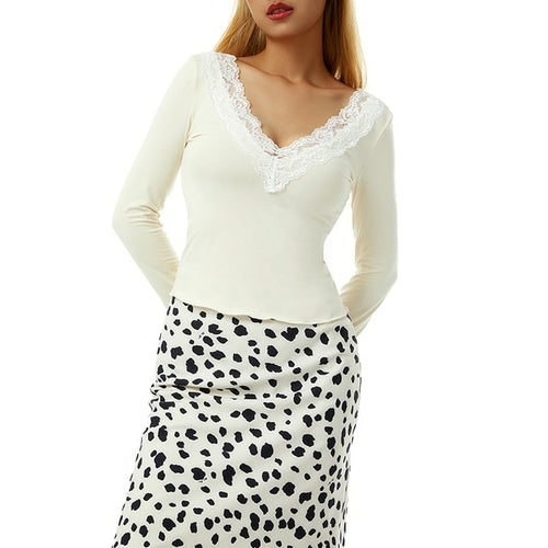 Vintage Lace Patchwork Cute Cotton Tshirts Women Fashion Button Slim