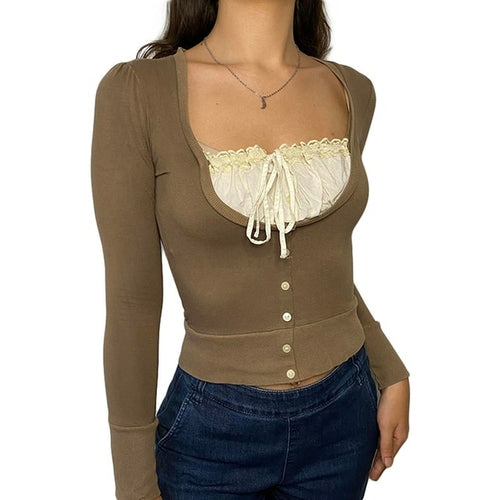 Vintage Lace Patchwork Cute Cotton Tshirts Women Fashion Button Slim