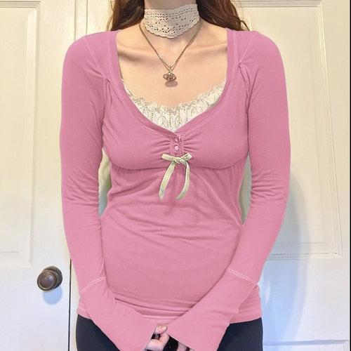 Vintage Lace Patchwork Cute Cotton Tshirts Women Fashion Button Slim