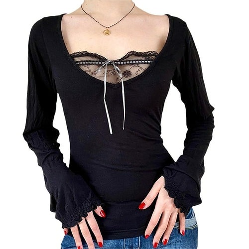 Vintage Lace Patchwork Cute Cotton Tshirts Women Fashion Button Slim