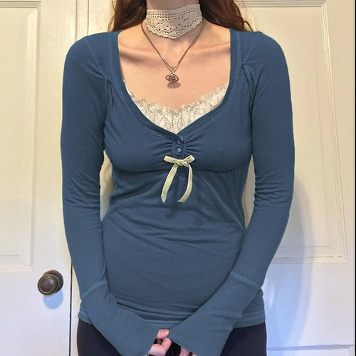 Vintage Lace Patchwork Cute Cotton Tshirts Women Fashion Button Slim