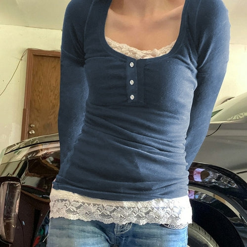 Vintage Lace Patchwork Cute Cotton Tshirts Women Fashion Button Slim