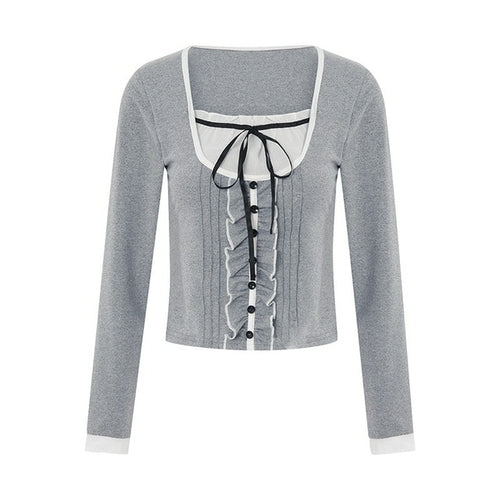 Vintage Lace Patchwork Cute Cotton Tshirts Women Fashion Button Slim