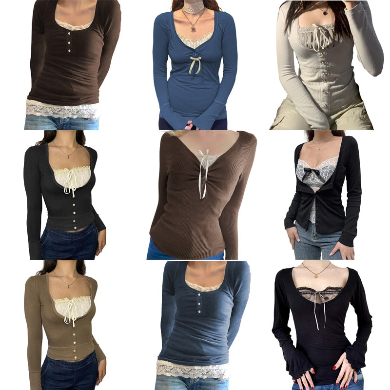 Vintage Lace Patchwork Cute Cotton Tshirts Women Fashion Button Slim