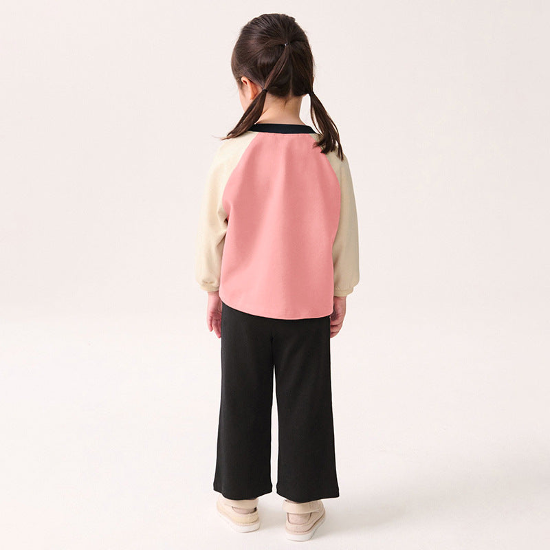 Spring and Autumn Girls Cartoon Pattern Color Patchwork Long Sleeves