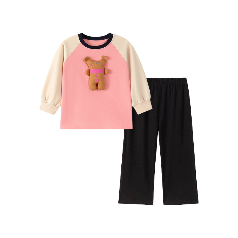 Spring and Autumn Girls Cartoon Pattern Color Patchwork Long Sleeves