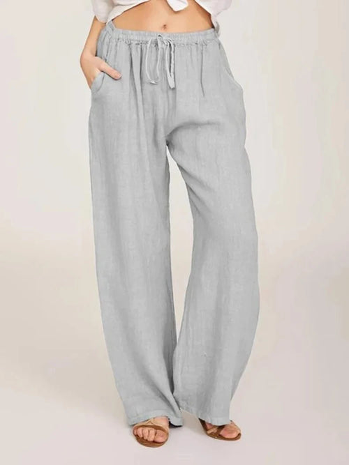 Casual Women's Cotton Linen Pants Solid High Waist Wide-Leg Trousers