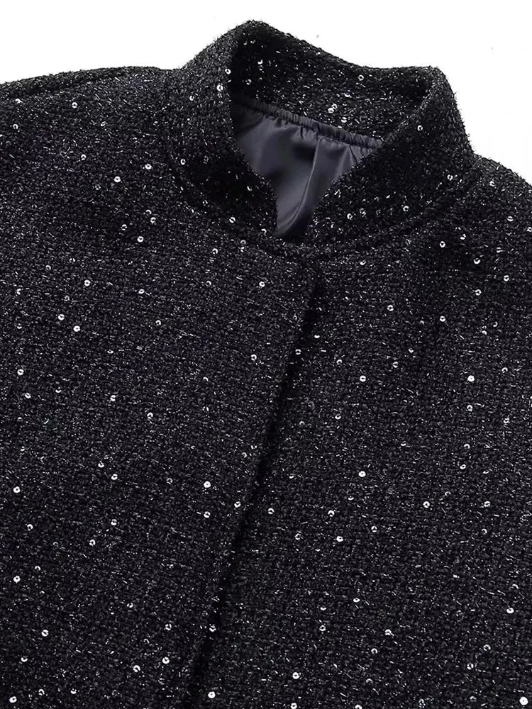 Nlzgmsj Women Shiny Sequin Jacket Y2k Gold Color Stand Collar Long