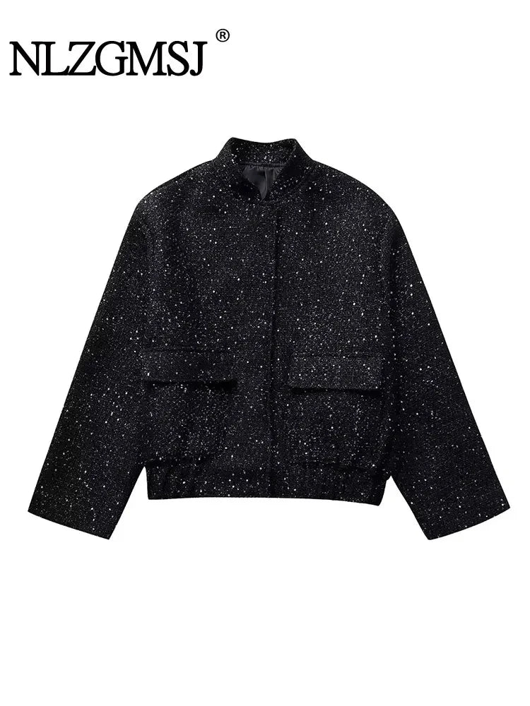 Nlzgmsj Women Shiny Sequin Jacket Y2k Gold Color Stand Collar Long
