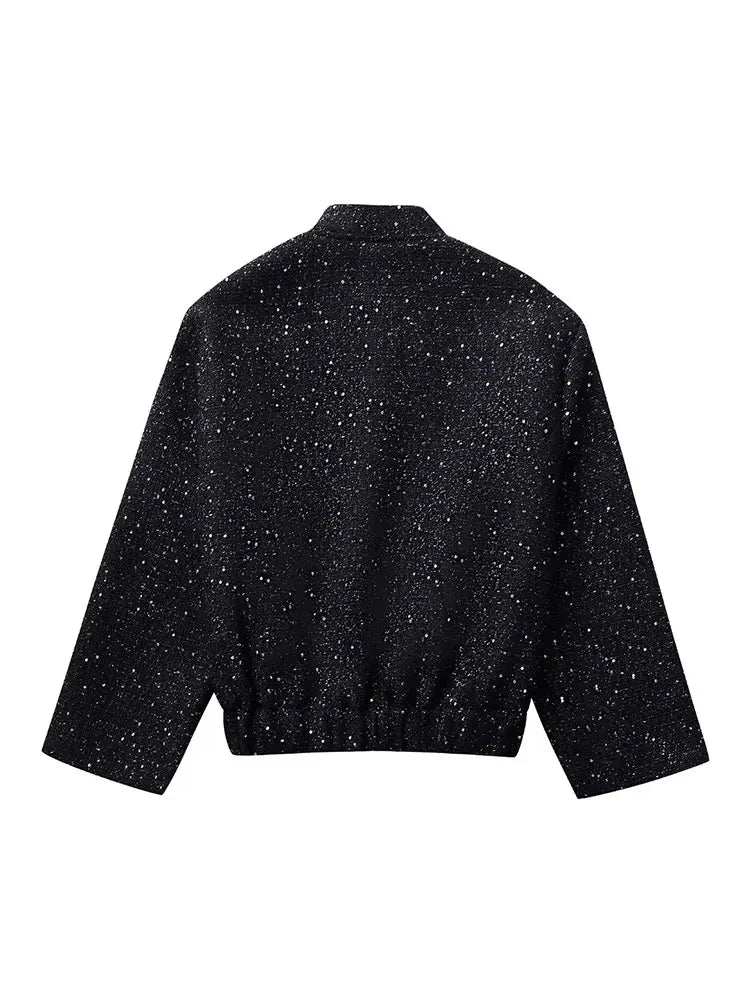 Nlzgmsj Women Shiny Sequin Jacket Y2k Gold Color Stand Collar Long
