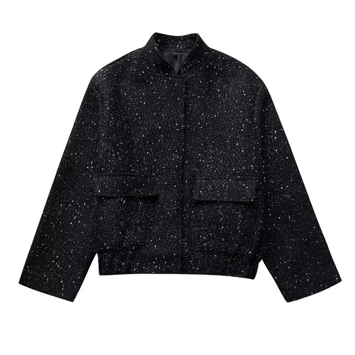 Nlzgmsj Women Shiny Sequin Jacket Y2k Gold Color Stand Collar Long