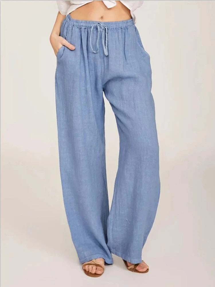 Casual Women's Cotton Linen Pants Solid High Waist Wide-Leg Trousers