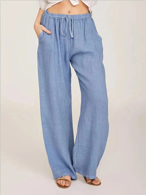 Casual Women's Cotton Linen Pants Solid High Waist Wide-Leg Trousers