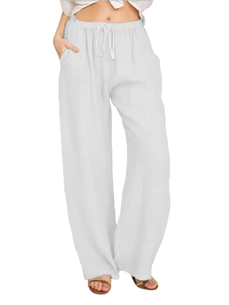 Casual Women's Cotton Linen Pants Solid High Waist Wide-Leg Trousers