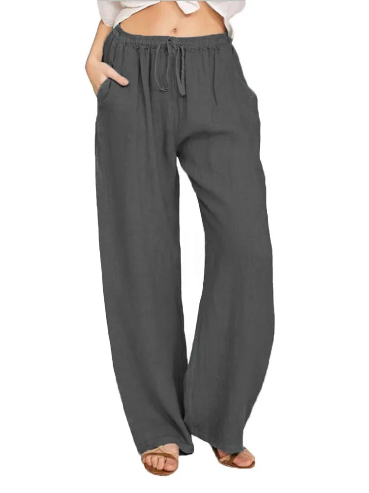Casual Women's Cotton Linen Pants Solid High Waist Wide-Leg Trousers