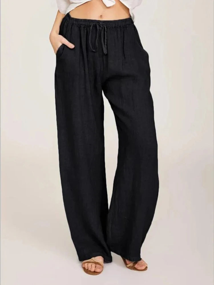 Casual Women's Cotton Linen Pants Solid High Waist Wide-Leg Trousers