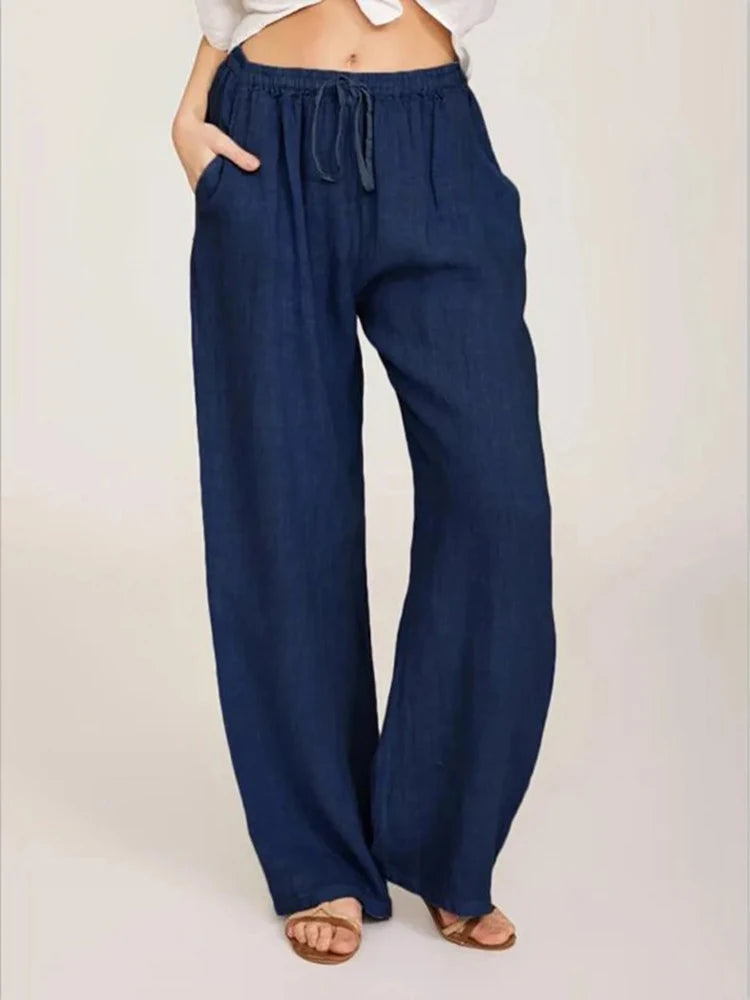 Casual Women's Cotton Linen Pants Solid High Waist Wide-Leg Trousers