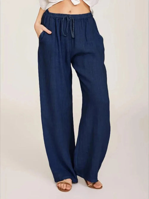 Casual Women's Cotton Linen Pants Solid High Waist Wide-Leg Trousers