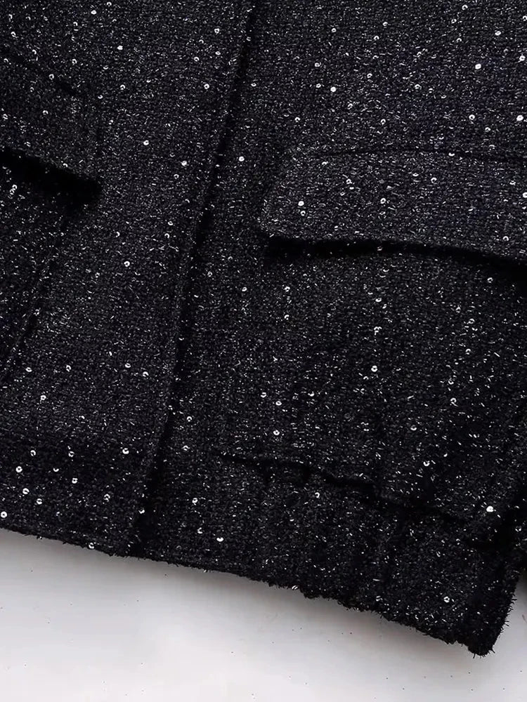 Nlzgmsj Women Shiny Sequin Jacket Y2k Gold Color Stand Collar Long