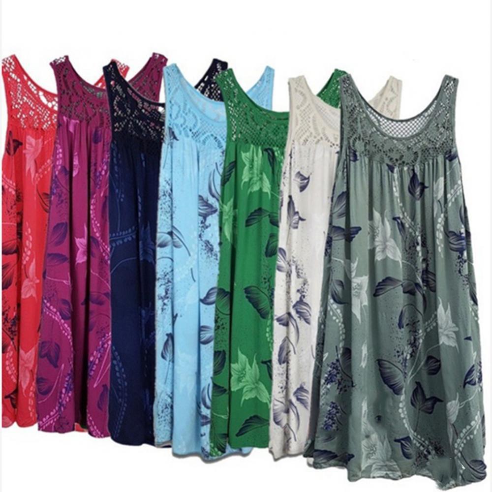 Elegant Floral Printed Lace Stitching O-neck Sleeveless Women Summer