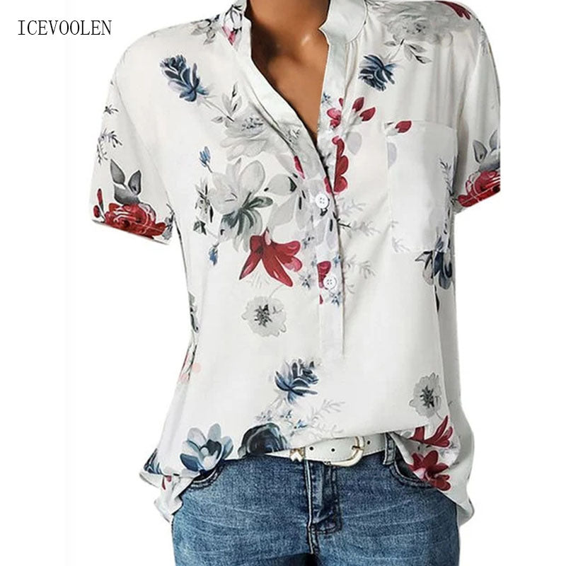 Elegant Women's Shirt Printing Large Size Casual Shirt Fashion V-neck