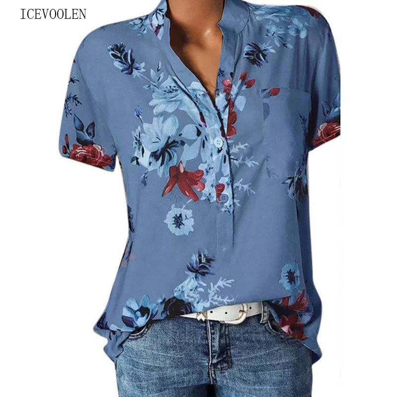 Elegant Women's Shirt Printing Large Size Casual Shirt Fashion V-neck