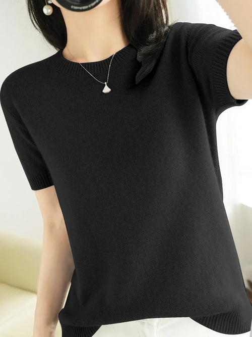 New Short-sleeved Knitwear Women O-neck T-shirt Wool Cotton Blend