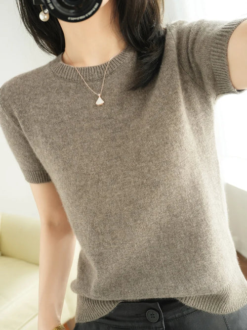 New Short-sleeved Knitwear Women O-neck T-shirt Wool Cotton Blend
