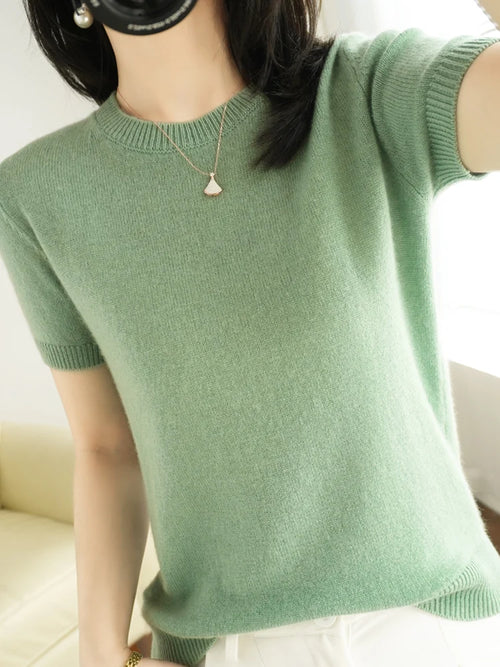 New Short-sleeved Knitwear Women O-neck T-shirt Wool Cotton Blend