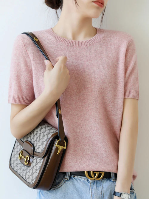 New Short-sleeved Knitwear Women O-neck T-shirt Wool Cotton Blend