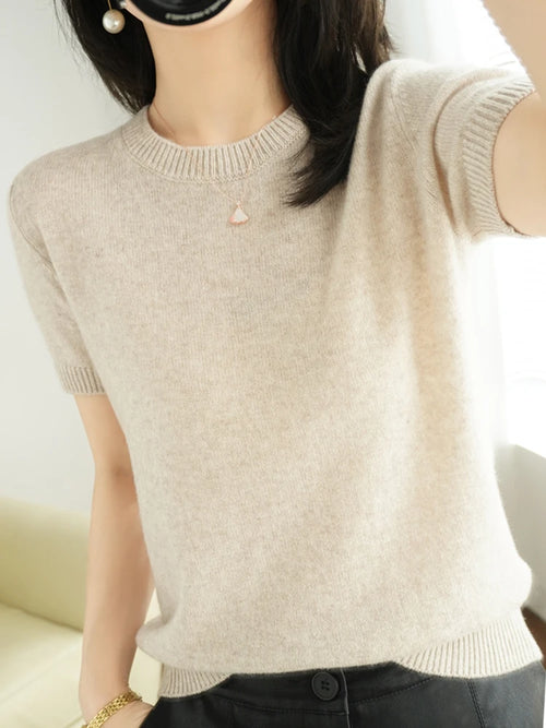New Short-sleeved Knitwear Women O-neck T-shirt Wool Cotton Blend