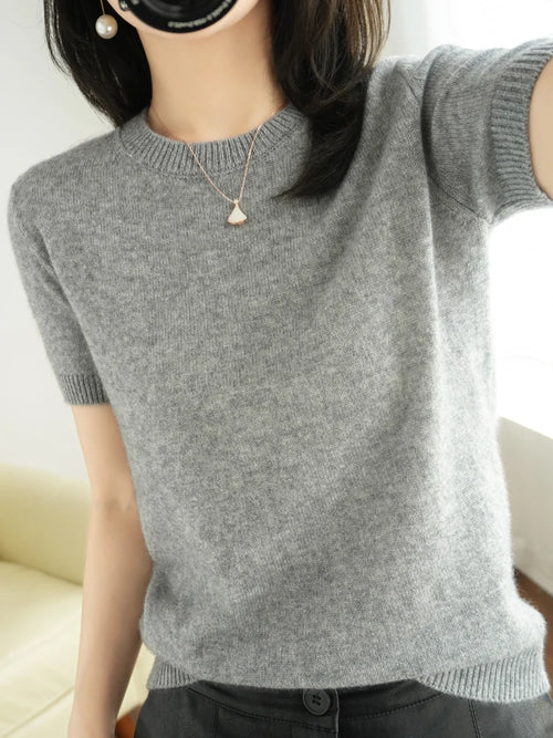 New Short-sleeved Knitwear Women O-neck T-shirt Wool Cotton Blend