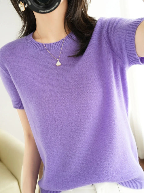 New Short-sleeved Knitwear Women O-neck T-shirt Wool Cotton Blend