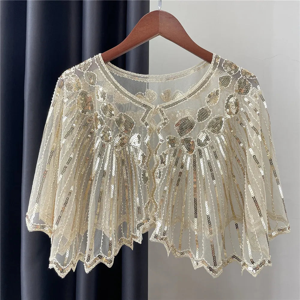 Vintage 1920s Flapper Shawl Sequin Beaded Short Cape Beaded Decoration