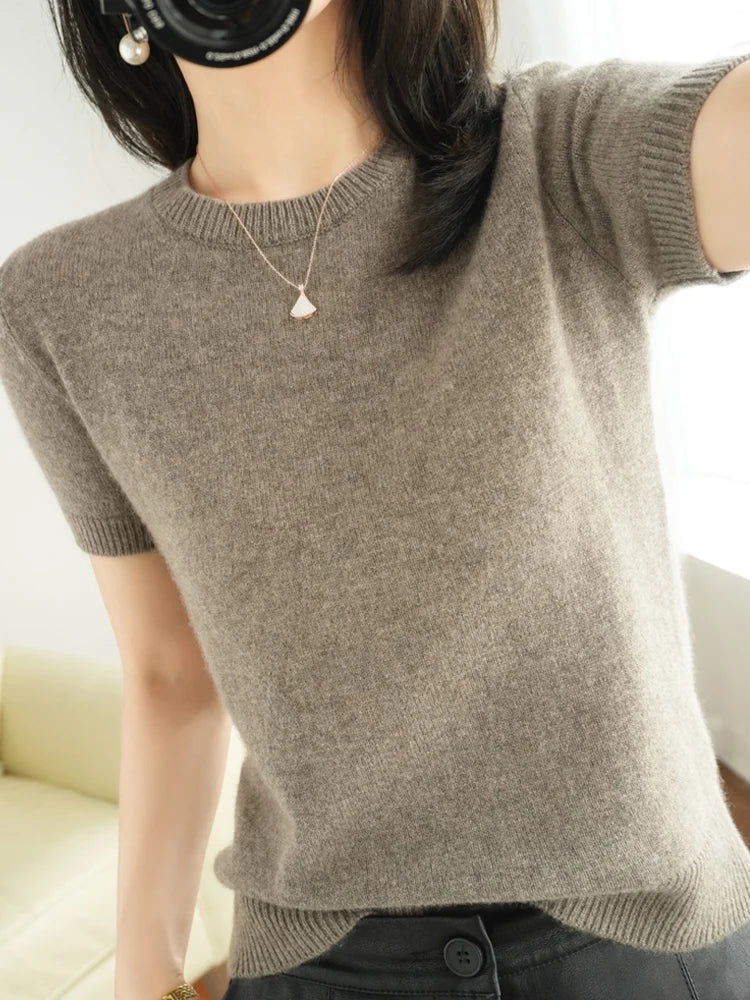 New Short-sleeved Knitwear Women O-neck T-shirt Wool Cotton Blend