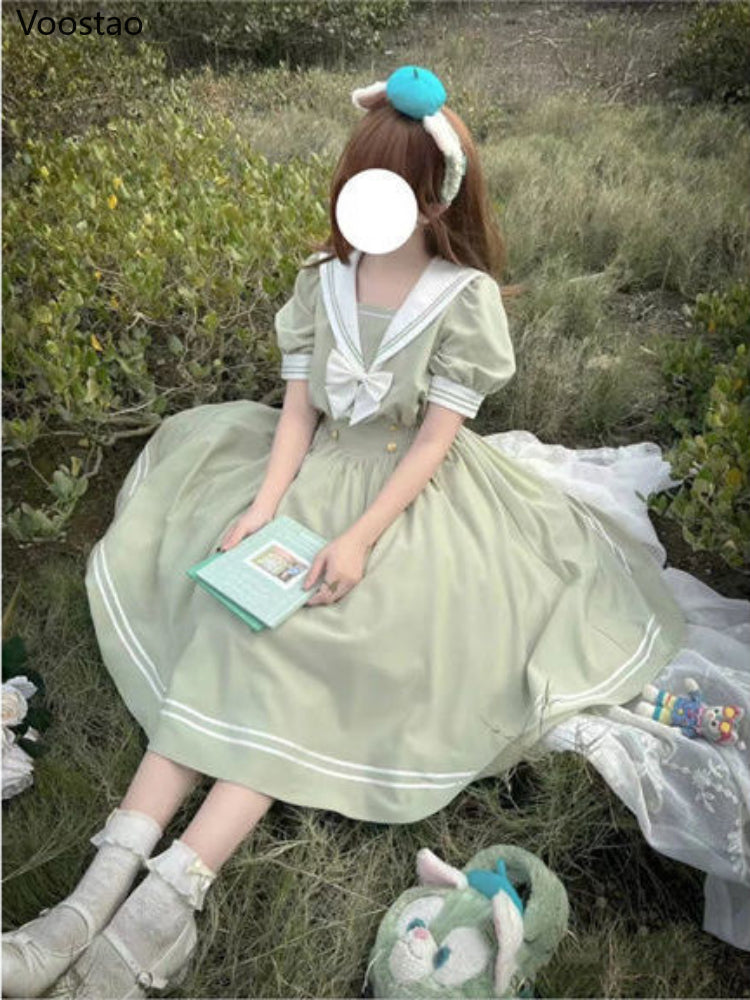 Japanese Soft Sister Cute Lolita Dress Women Sweet Puff Sleeve Slim
