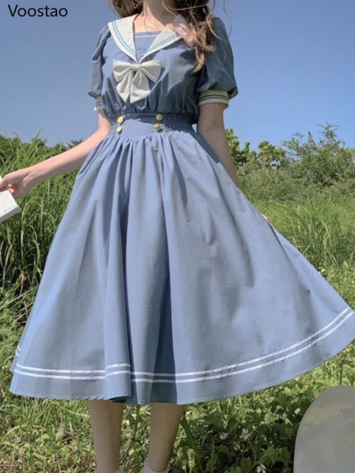 Japanese Soft Sister Cute Lolita Dress Women Sweet Puff Sleeve Slim