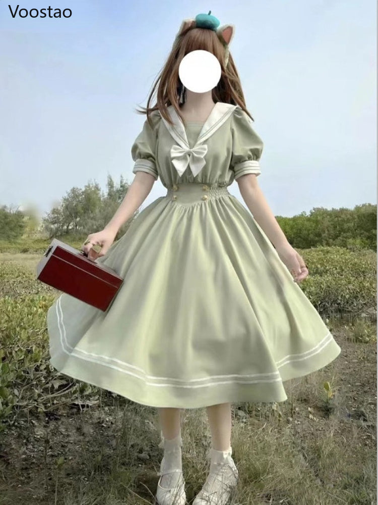 Japanese Soft Sister Cute Lolita Dress Women Sweet Puff Sleeve Slim