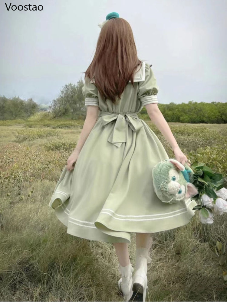 Japanese Soft Sister Cute Lolita Dress Women Sweet Puff Sleeve Slim